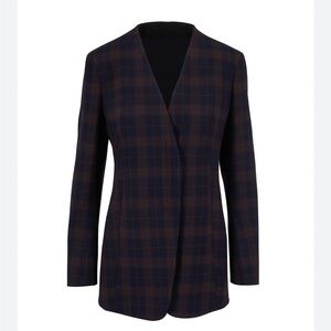 Akris Womens Navy & Brown Plaid Zip Front Collarless Jacket Blazer. Size 10/12